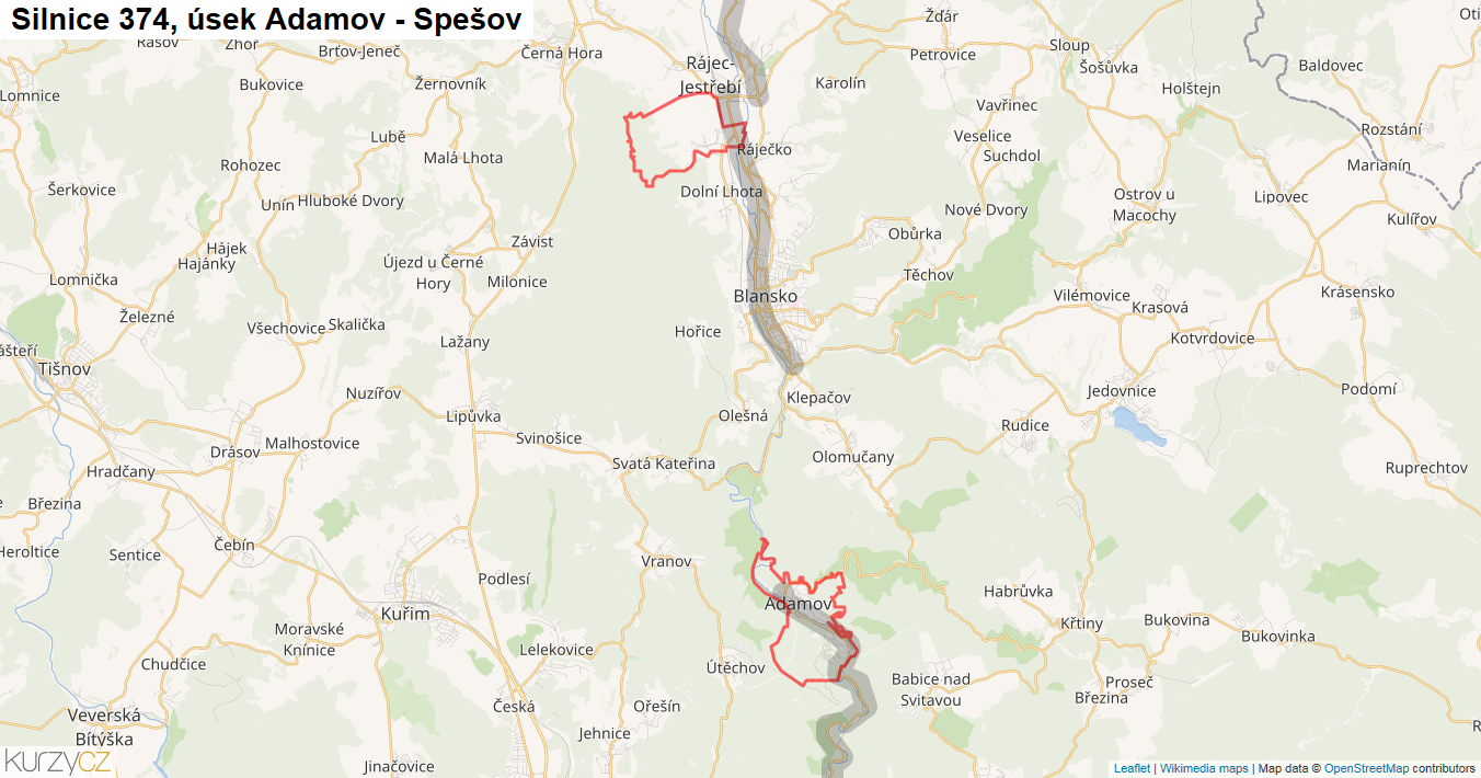 Úsek Adamov - Spešov, Silnice 374 - Mapa
