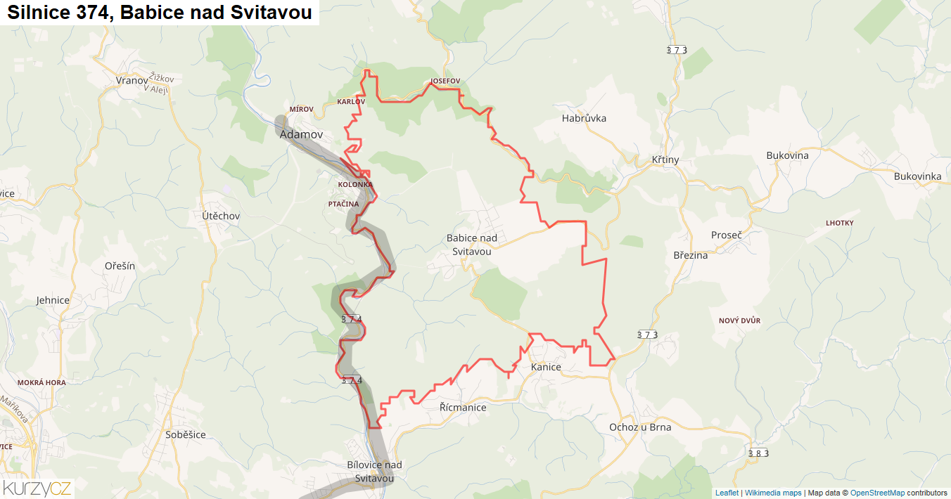 Babice nad Svitavou, Silnice 374 - Mapa