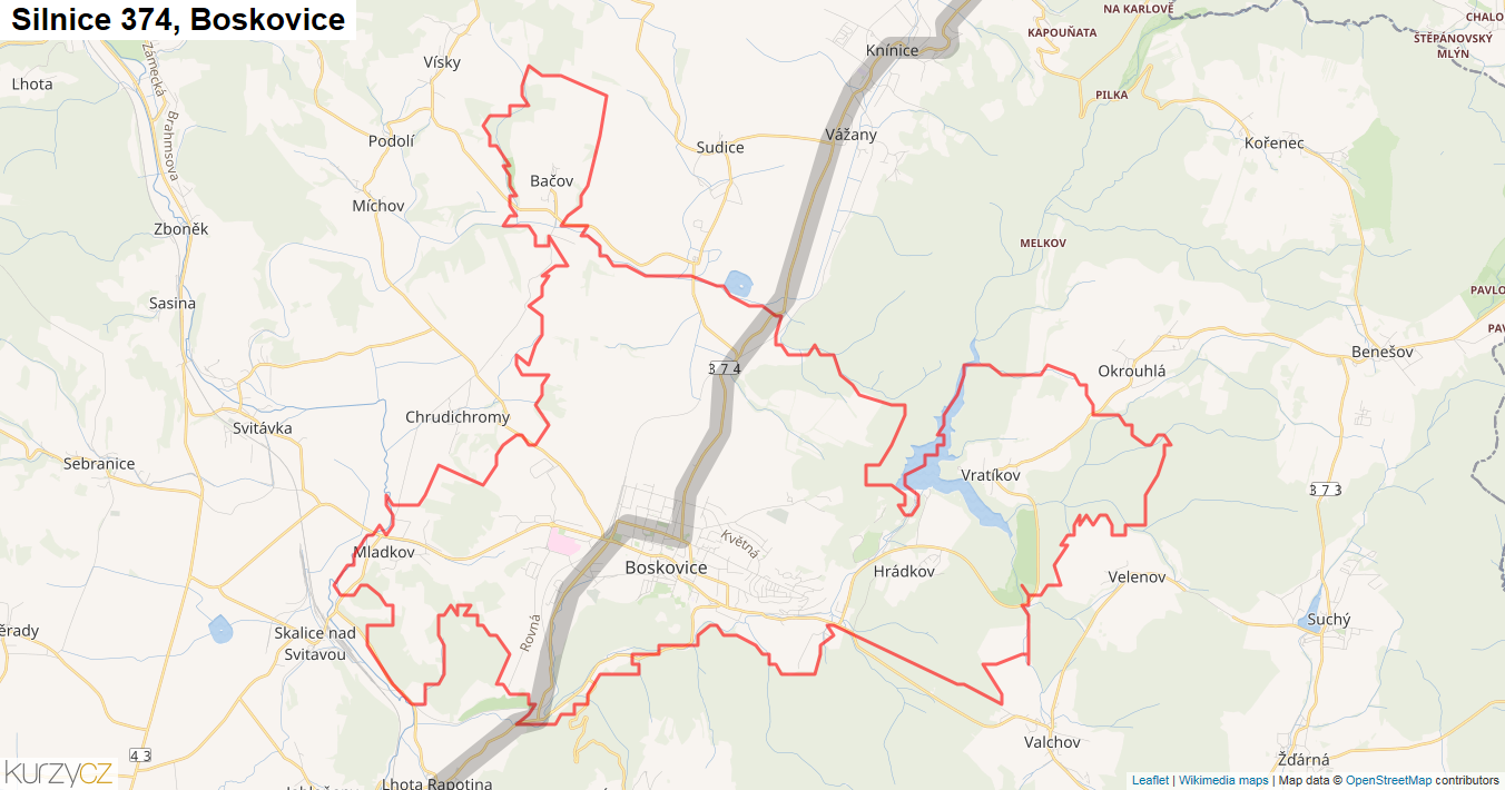 Boskovice, Silnice 374 - Mapa