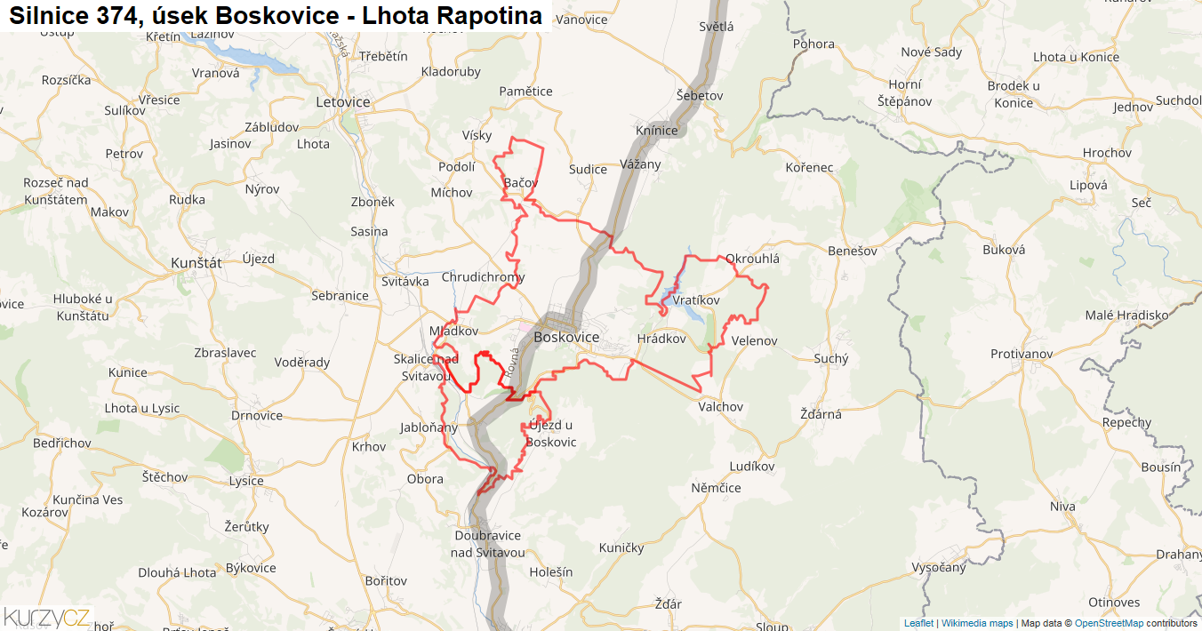 Úsek Boskovice - Lhota Rapotina, Silnice 374 - Mapa