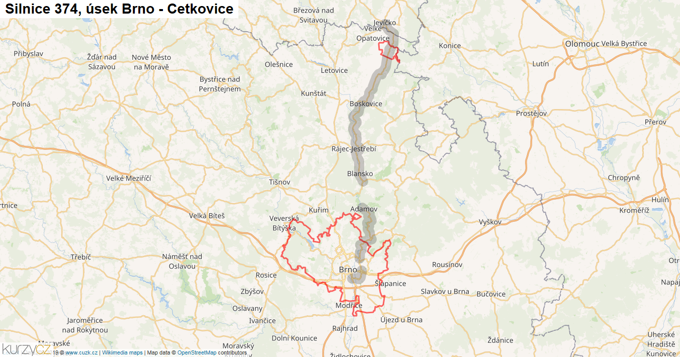Úsek Brno - Cetkovice, Silnice 374 - Mapa