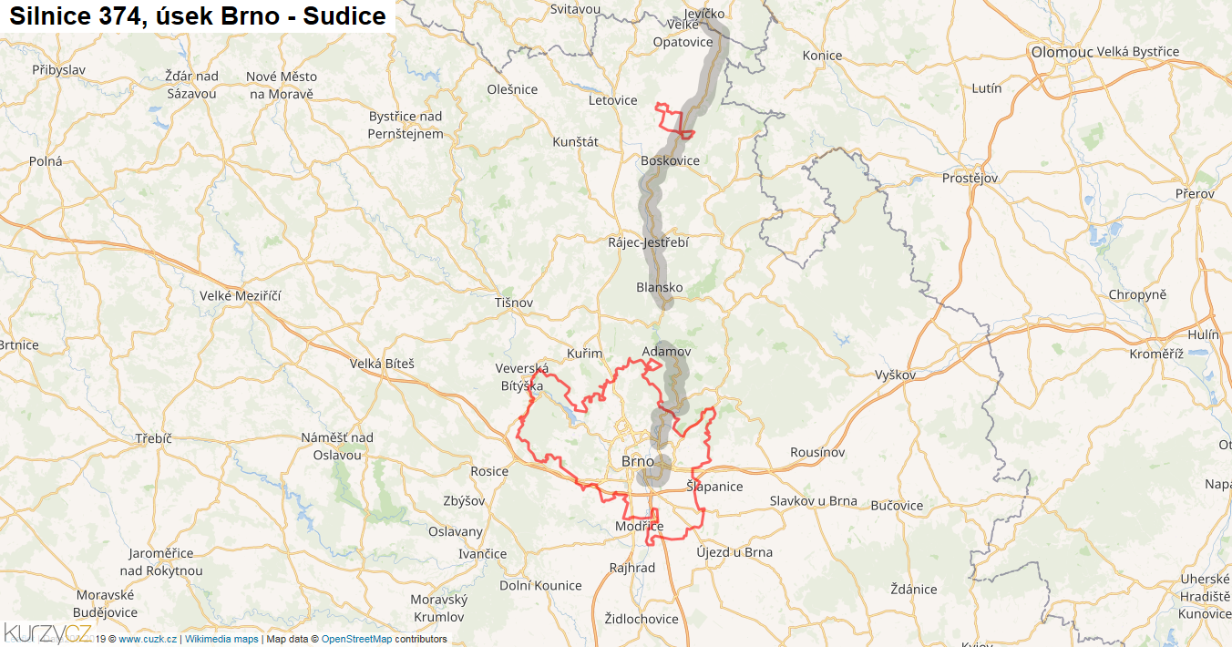 Úsek Brno - Sudice, Silnice 374 - Mapa