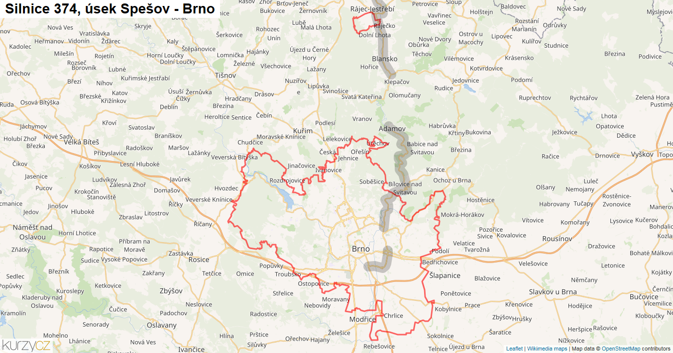 Úsek Spešov - Brno, Silnice 374 - Mapa