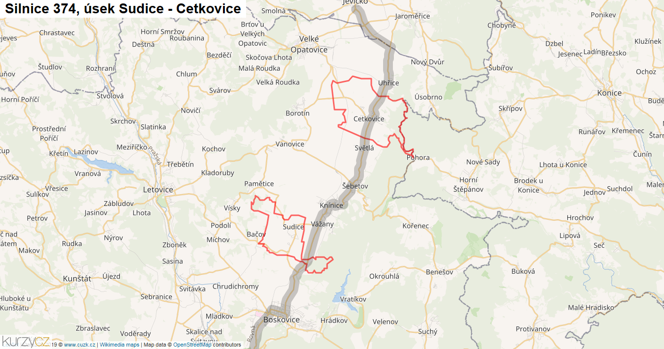 Úsek Sudice - Cetkovice, Silnice 374 - Mapa