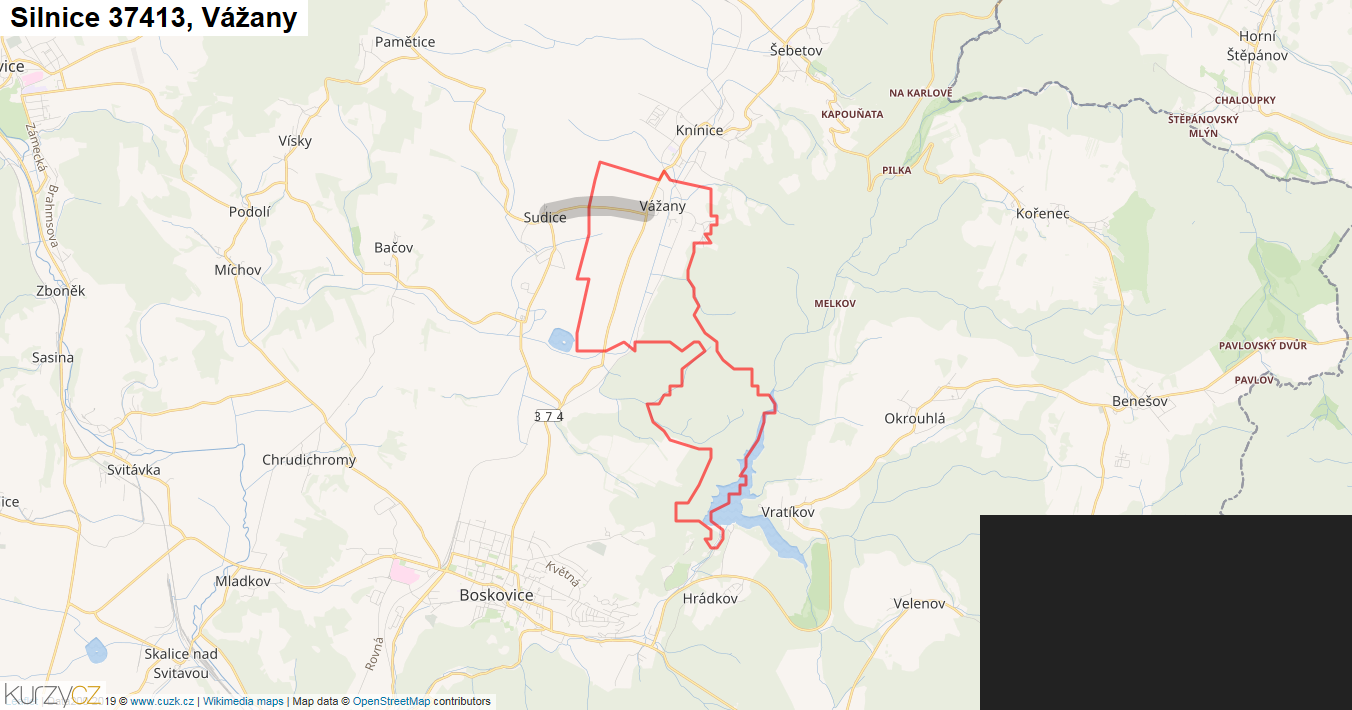 Vážany, Silnice 37413 - Mapa