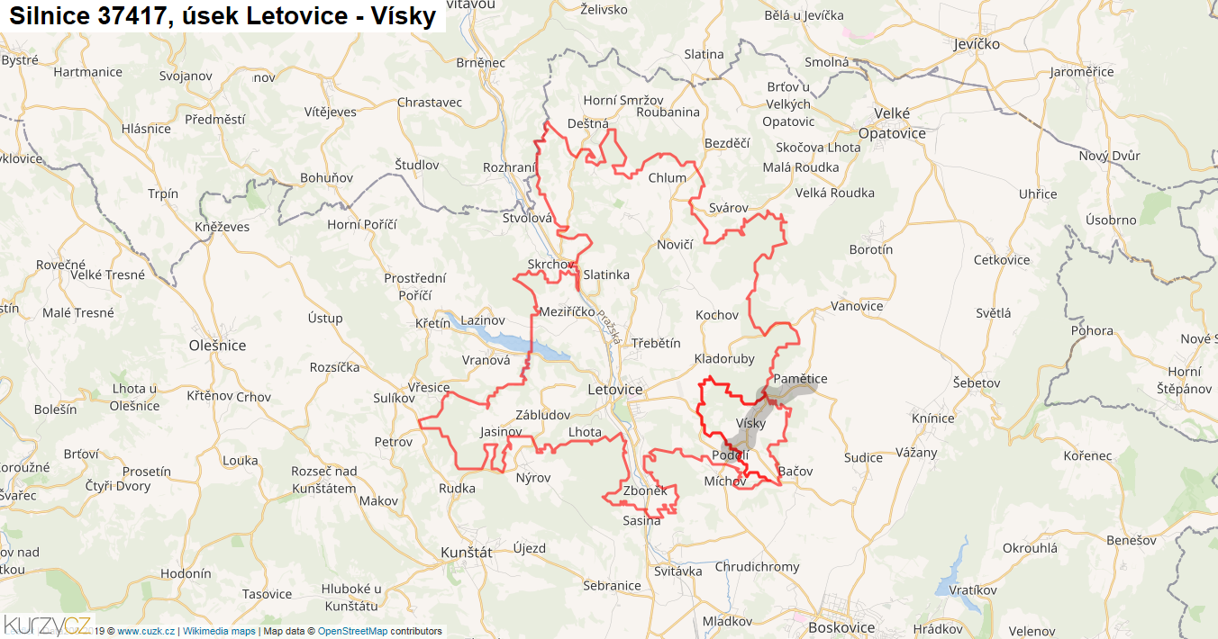 Úsek Letovice - Vísky, Silnice 37417 - Mapa