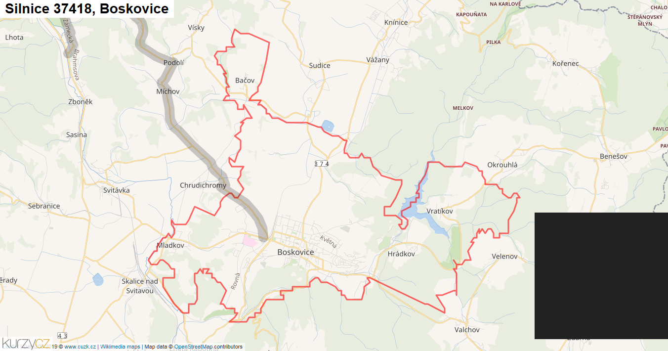 Boskovice, Silnice 37418 - Mapa