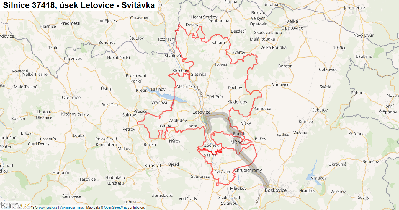 Úsek Letovice - Svitávka, Silnice 37418 - Mapa