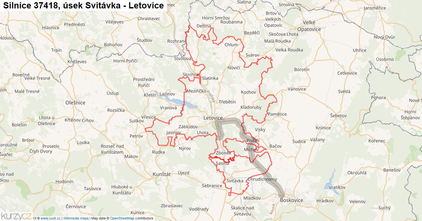 Úsek Svitávka - Letovice, Silnice 37418 - Mapa