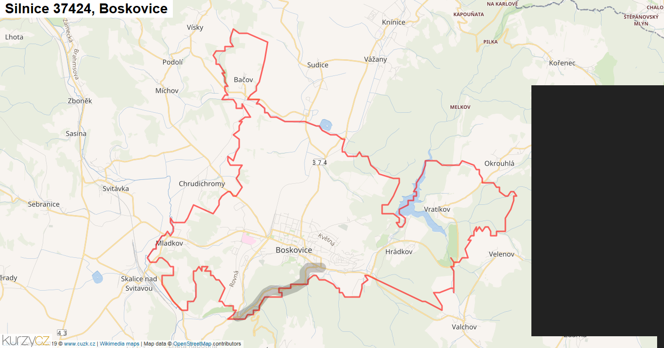 Boskovice, Silnice 37424 - Mapa
