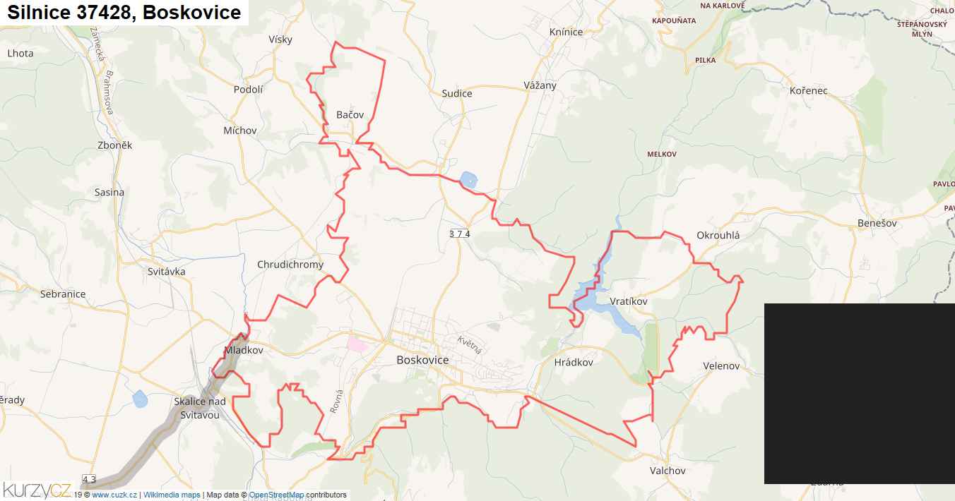 Boskovice, Silnice 37428 - Mapa
