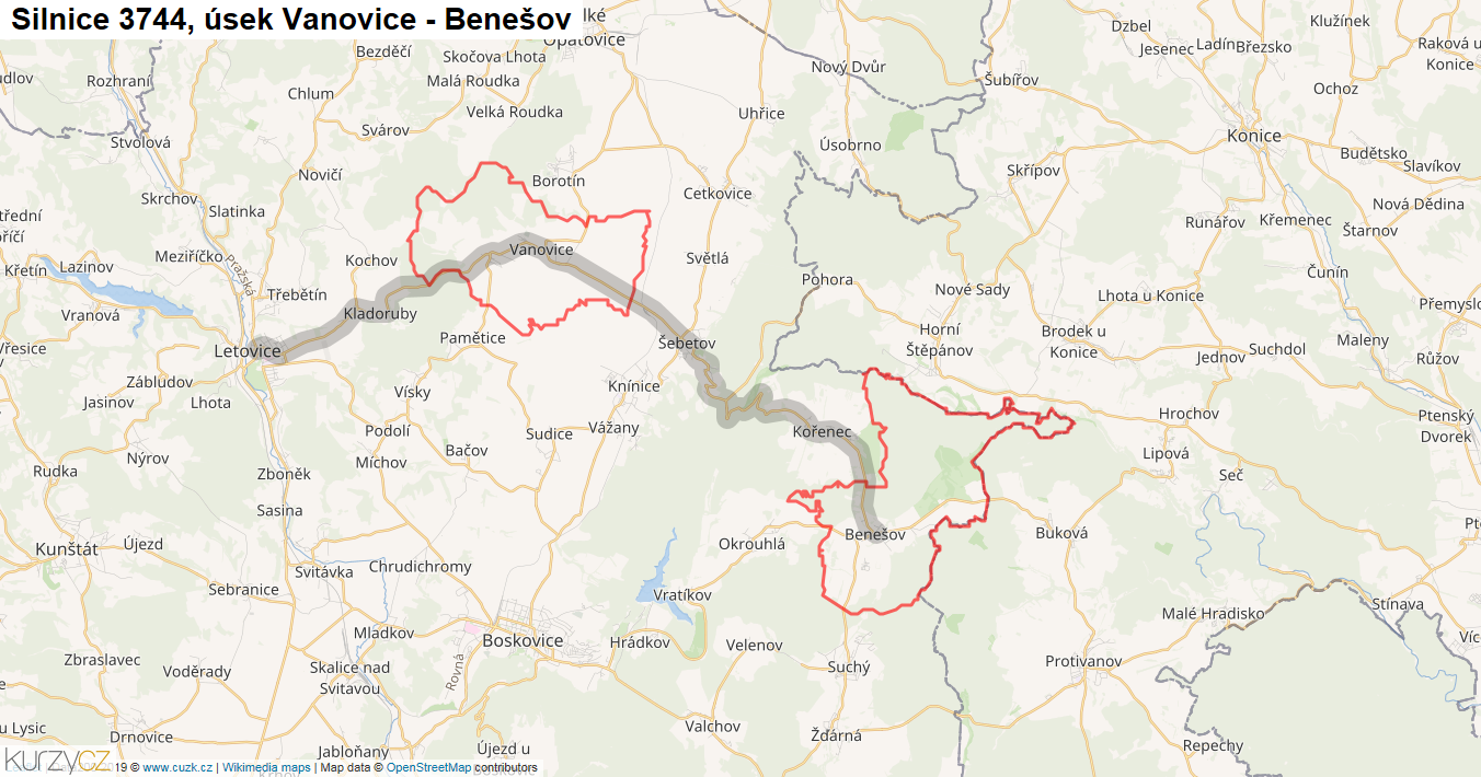 Úsek Vanovice - Benešov, Silnice 3744 - Mapa