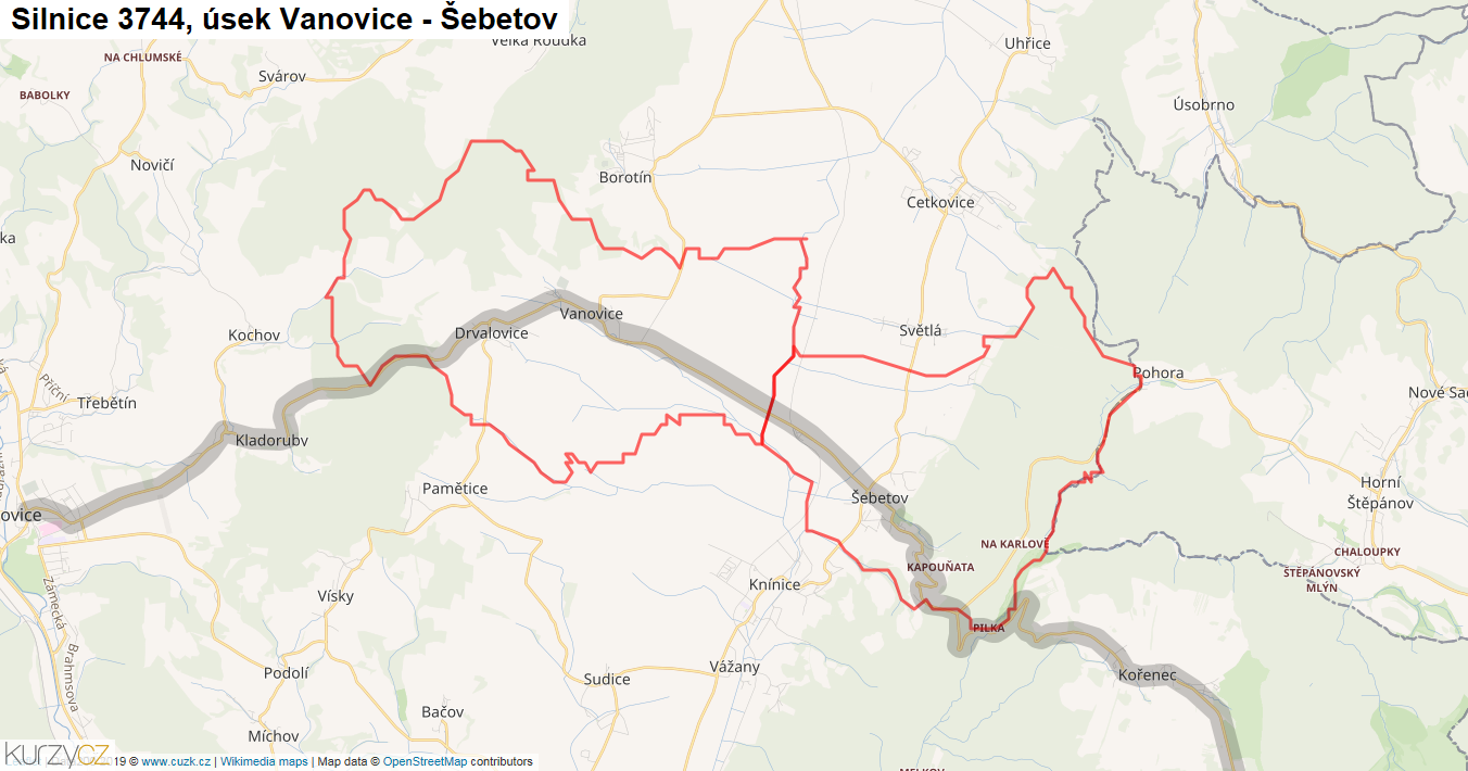 Úsek Vanovice - Šebetov, Silnice 3744 - Mapa