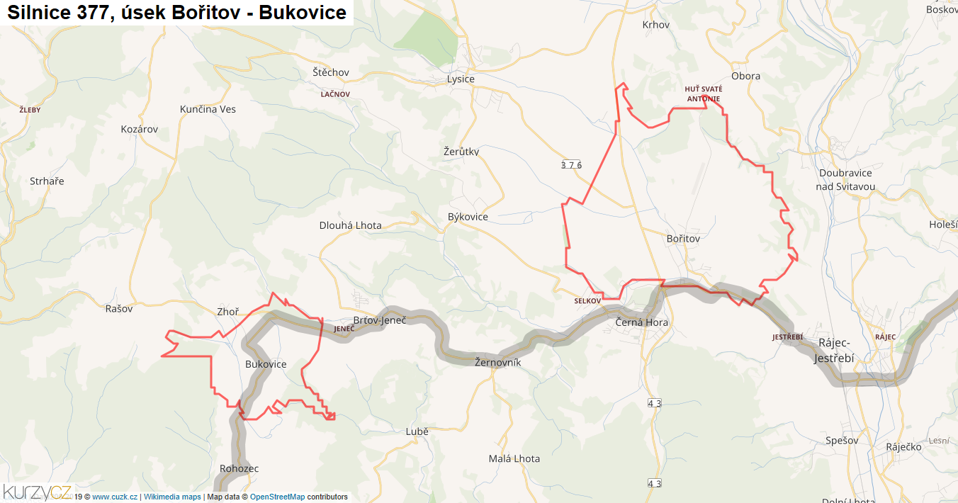 Úsek Bořitov - Bukovice, Silnice 377 - Mapa