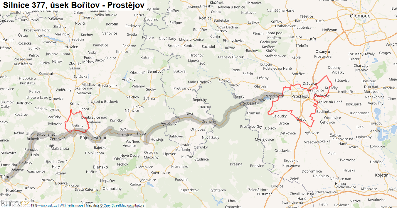 Úsek Bořitov - Prostějov, Silnice 377 - Mapa