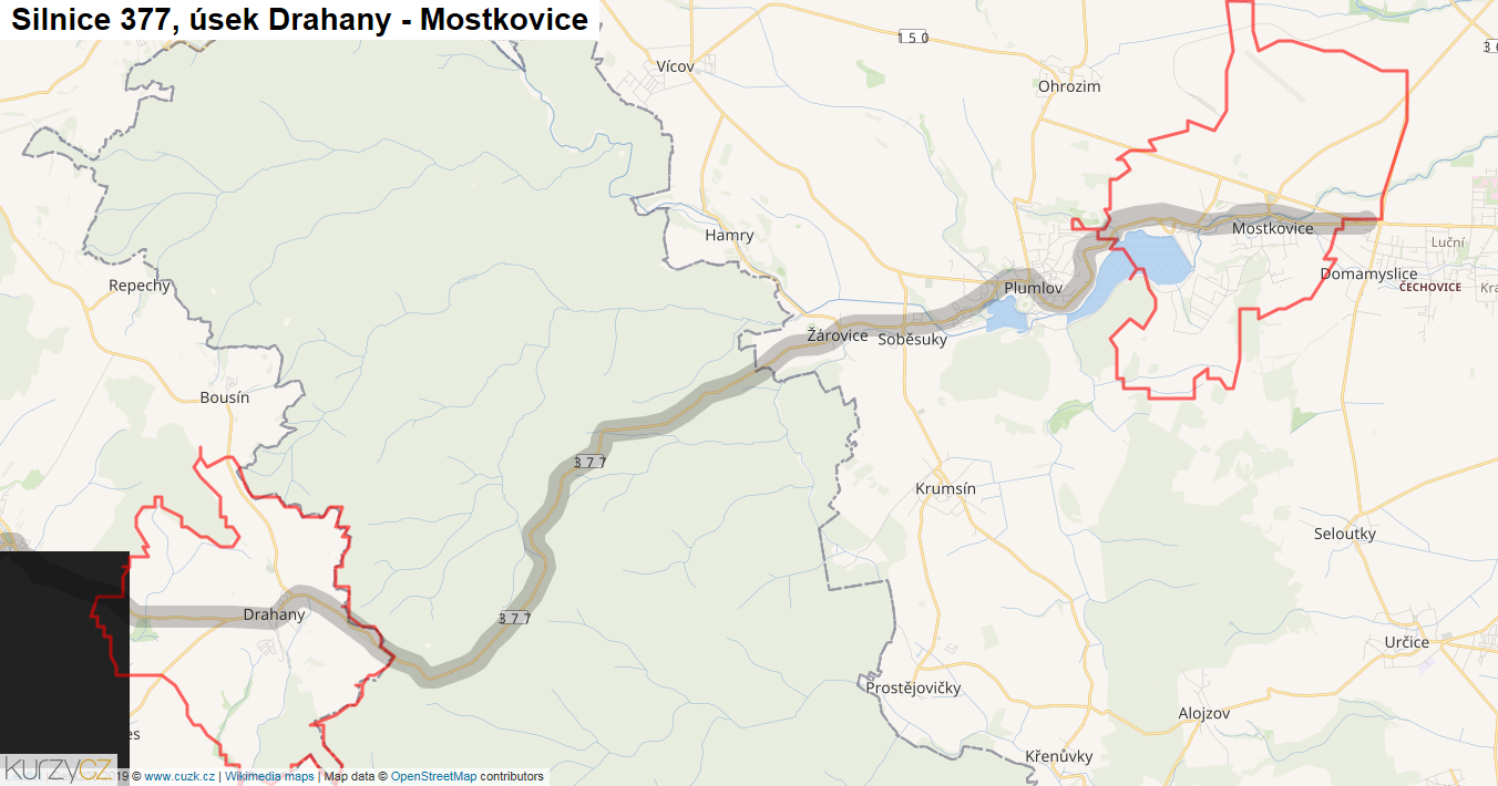 Úsek Drahany - Mostkovice, Silnice 377 - Mapa