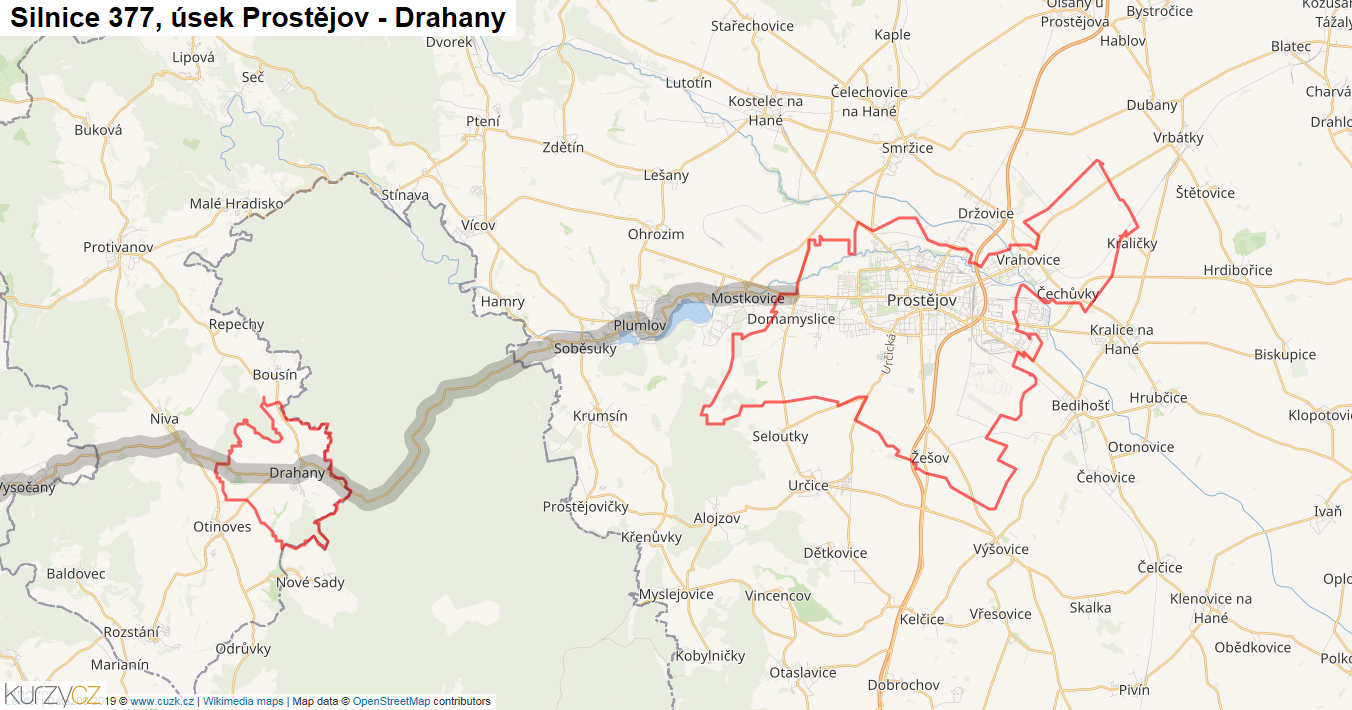 Úsek Prostějov - Drahany, Silnice 377 - Mapa