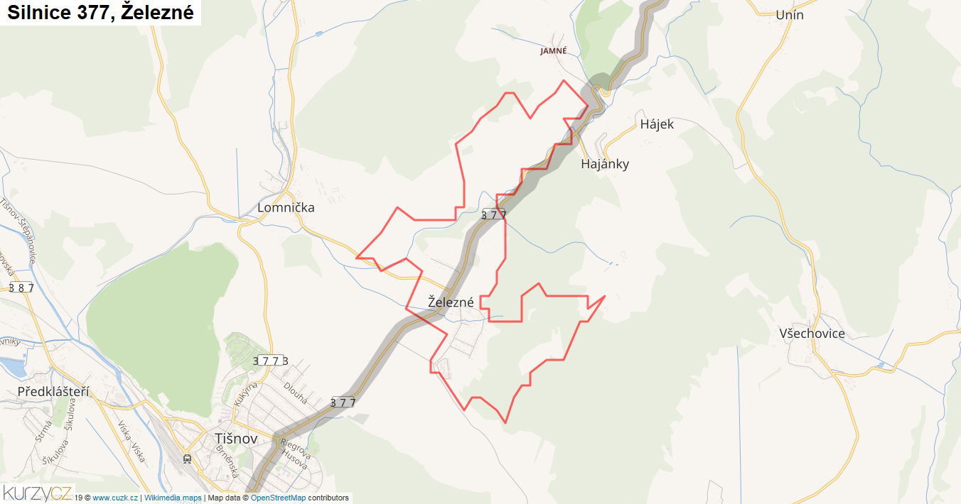 Železné, Silnice 377 - Mapa