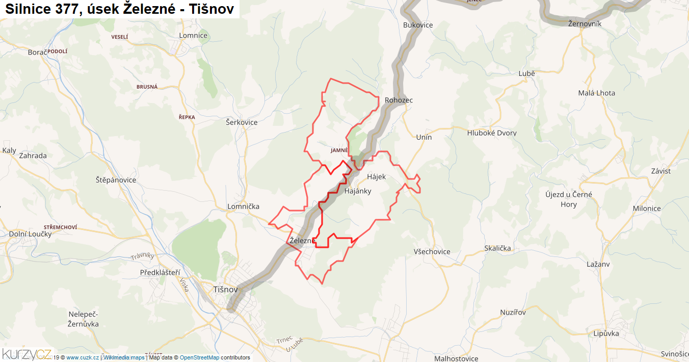 Úsek Železné - Tišnov, Silnice 377 - Mapa