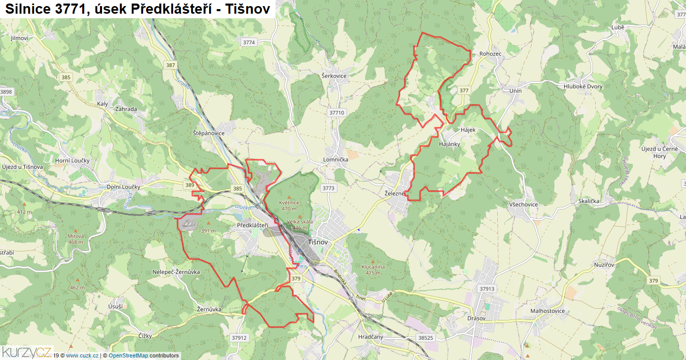 Úsek Předklášteří - Tišnov, Silnice 3771 - Mapa