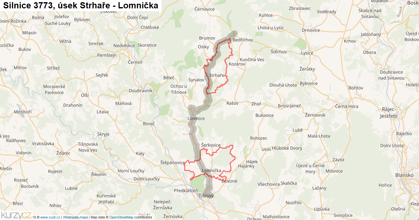 Úsek Strhaře - Lomnička, Silnice 3773 - Mapa