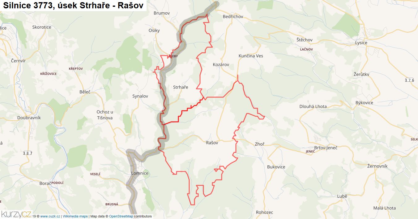Úsek Strhaře - Rašov, Silnice 3773 - Mapa