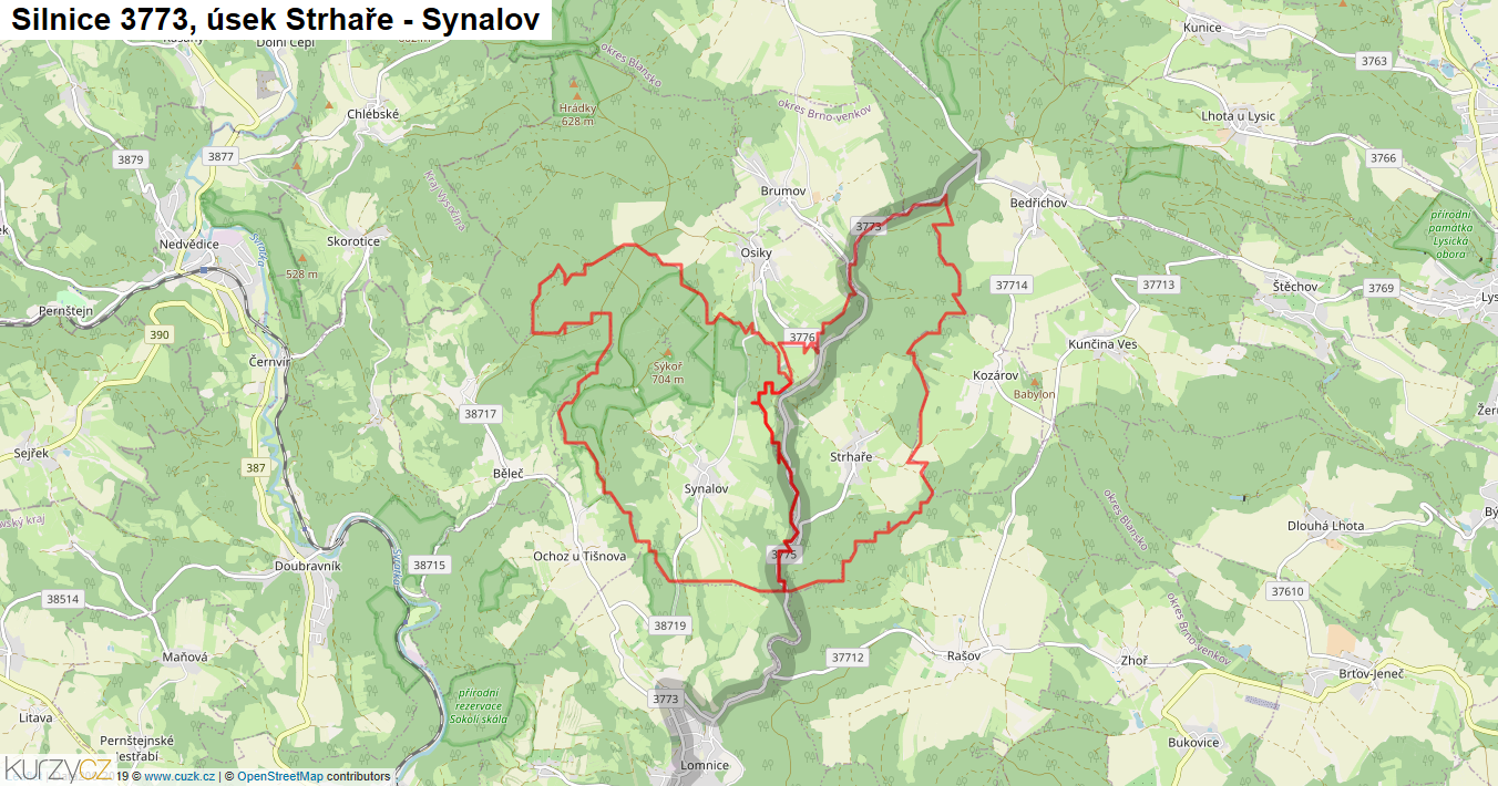 Úsek Strhaře - Synalov, Silnice 3773 - Mapa