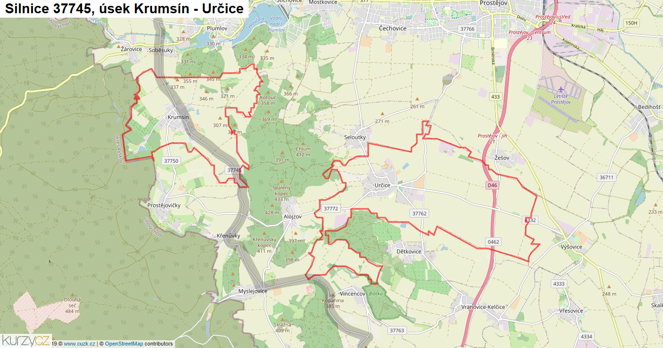 Úsek Krumsín - Určice, Silnice 37745 - Mapa