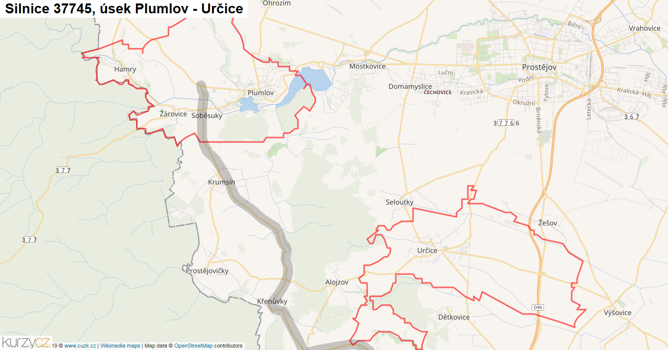 Úsek Plumlov - Určice, Silnice 37745 - Mapa