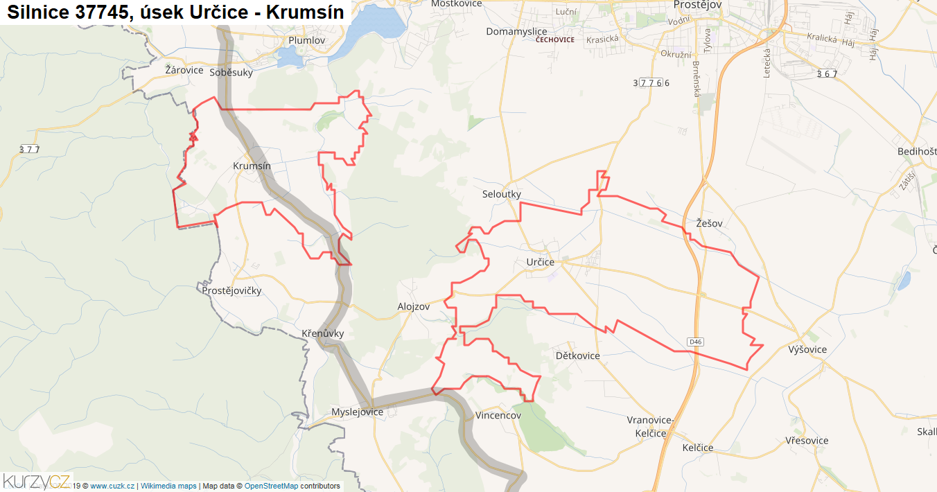 Úsek Určice - Krumsín, Silnice 37745 - Mapa