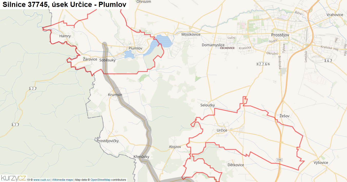 Úsek Určice - Plumlov, Silnice 37745 - Mapa