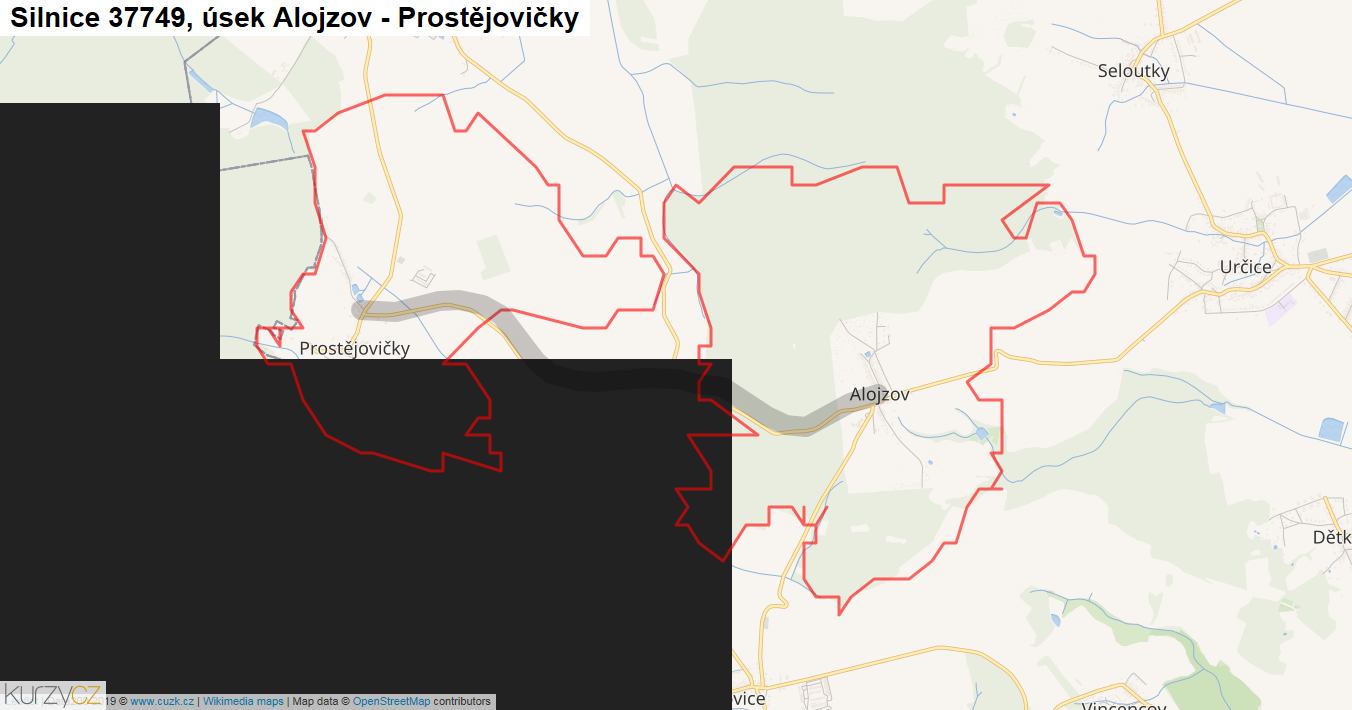 Úsek Alojzov - Prostějovičky, Silnice 37749 - Mapa