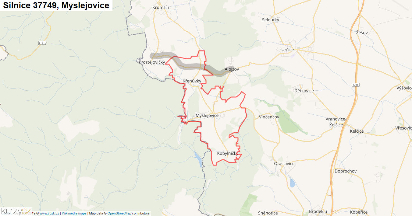 Myslejovice, Silnice 37749 - Mapa