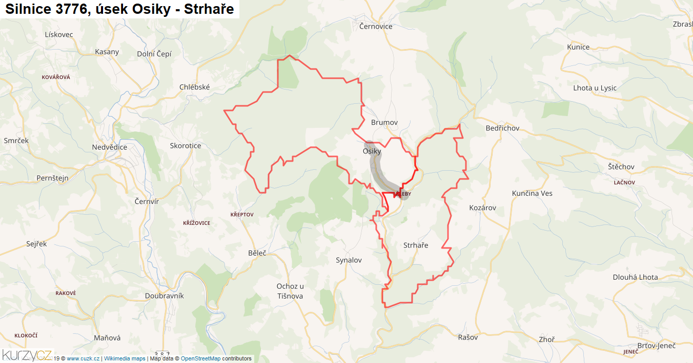 Úsek Osiky - Strhaře, Silnice 3776 - Mapa