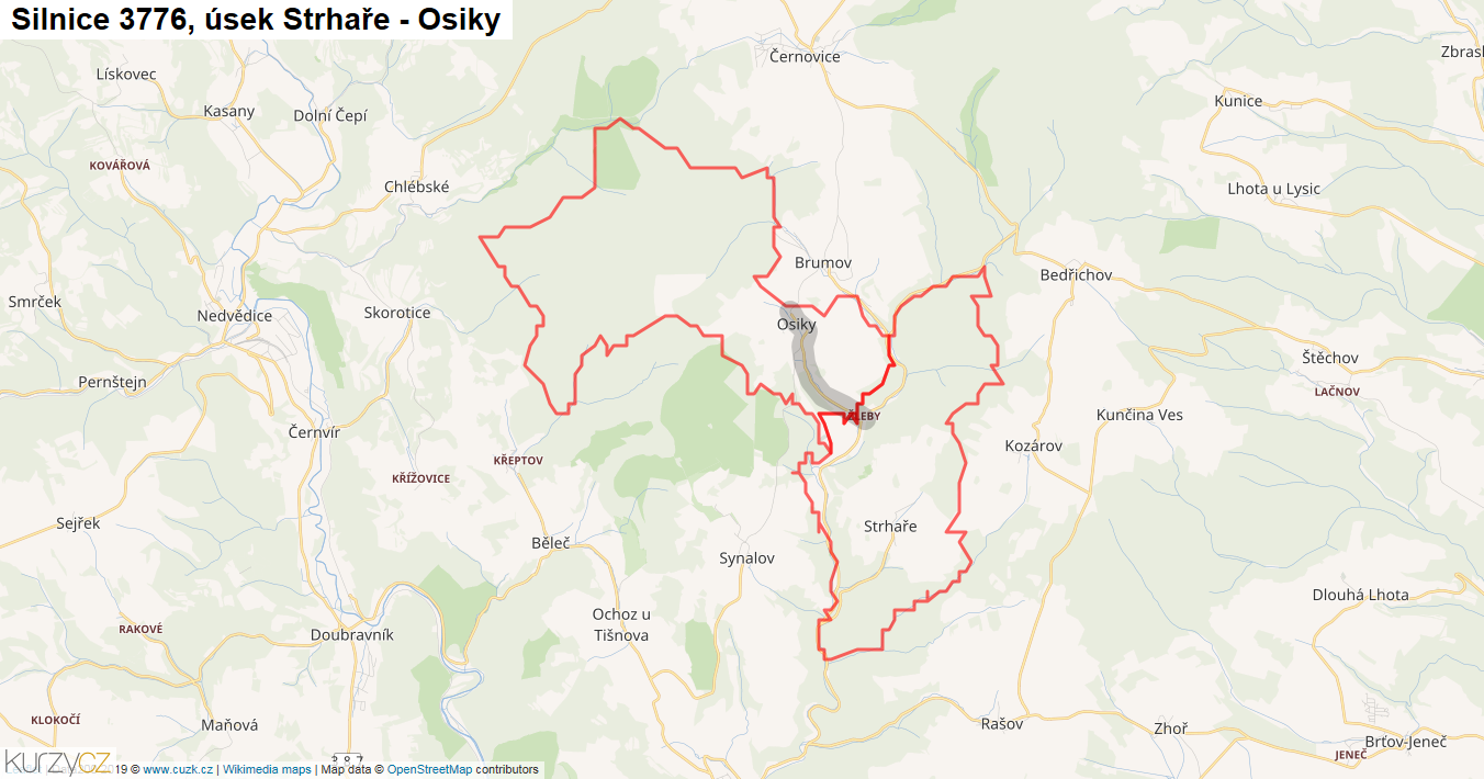Úsek Strhaře - Osiky, Silnice 3776 - Mapa