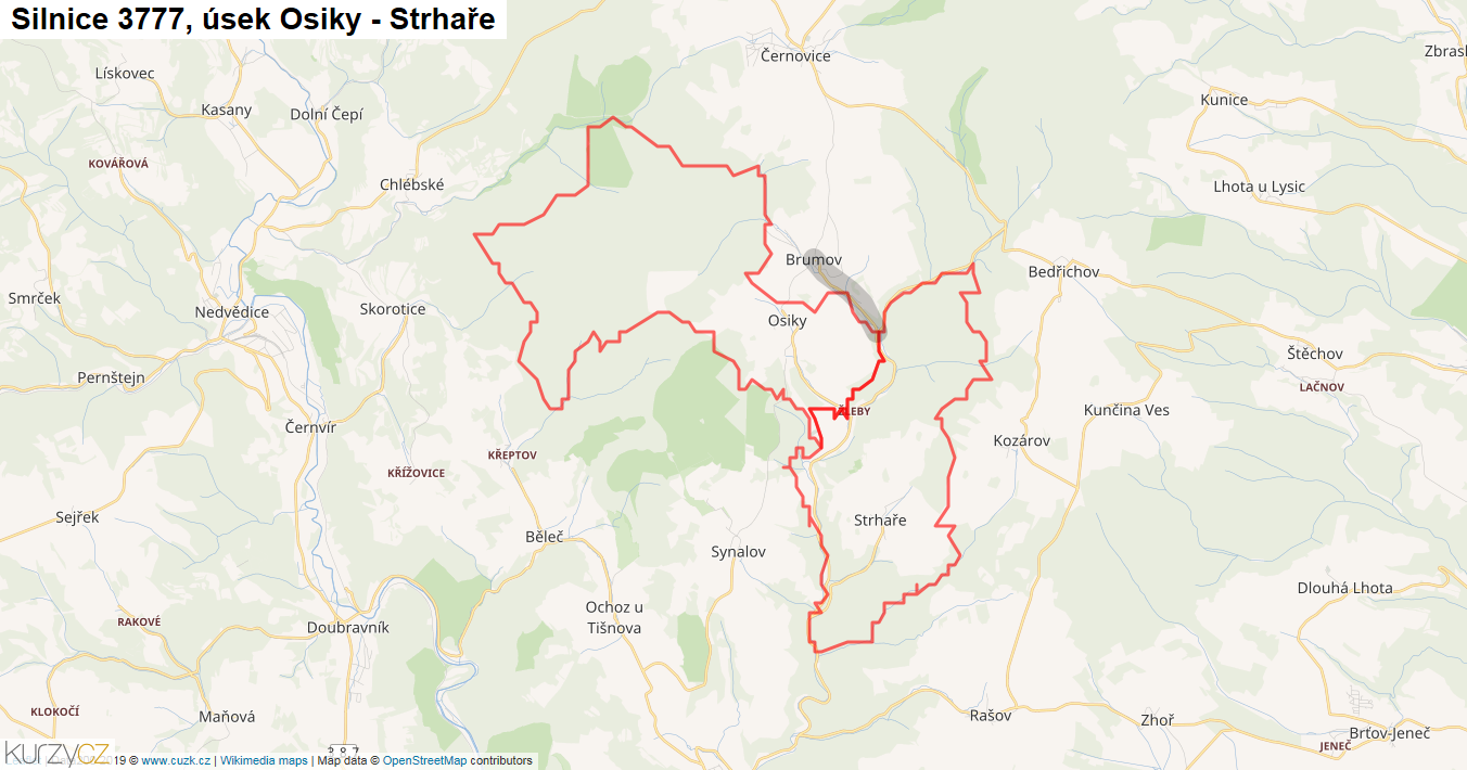 Úsek Osiky - Strhaře, Silnice 3777 - Mapa
