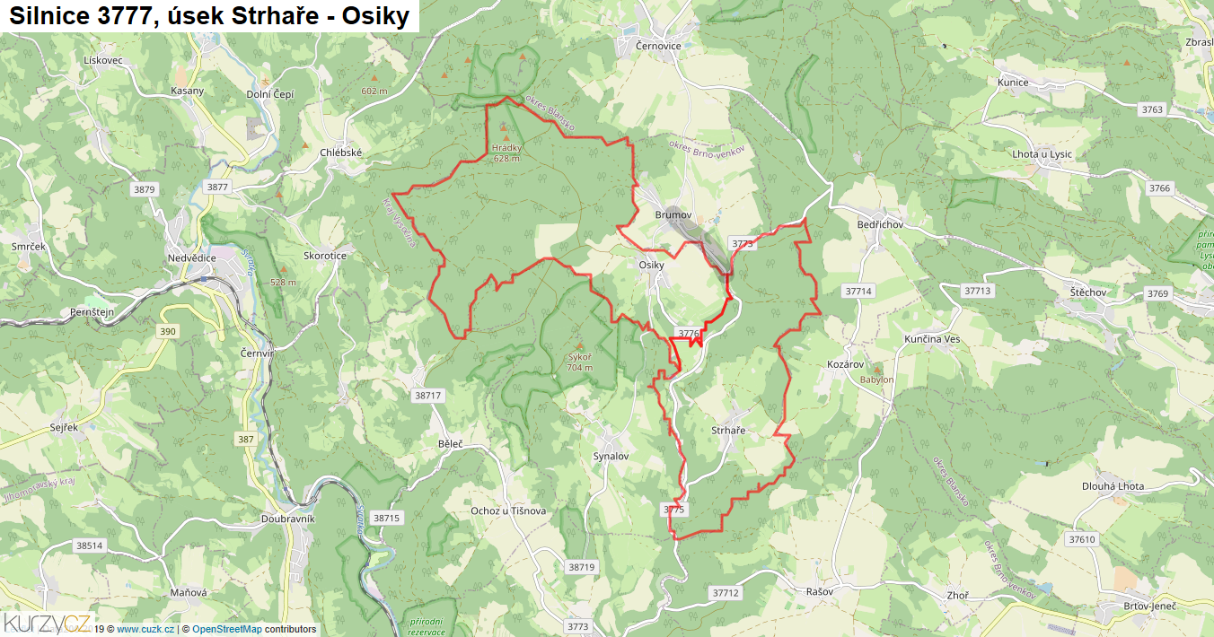 Úsek Strhaře - Osiky, Silnice 3777 - Mapa
