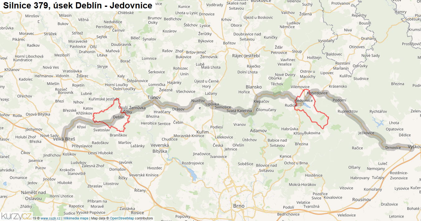 Úsek Deblín - Jedovnice, Silnice 379 - Mapa