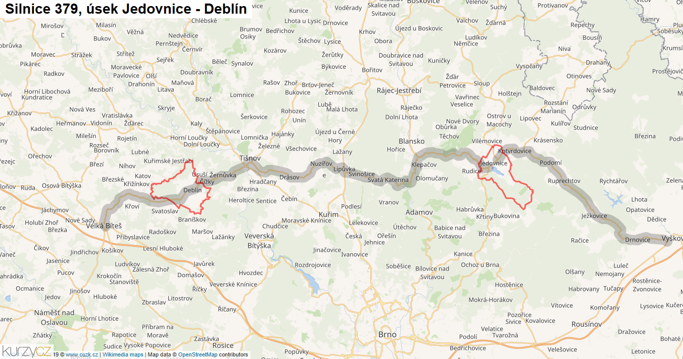 Úsek Jedovnice - Deblín, Silnice 379 - Mapa