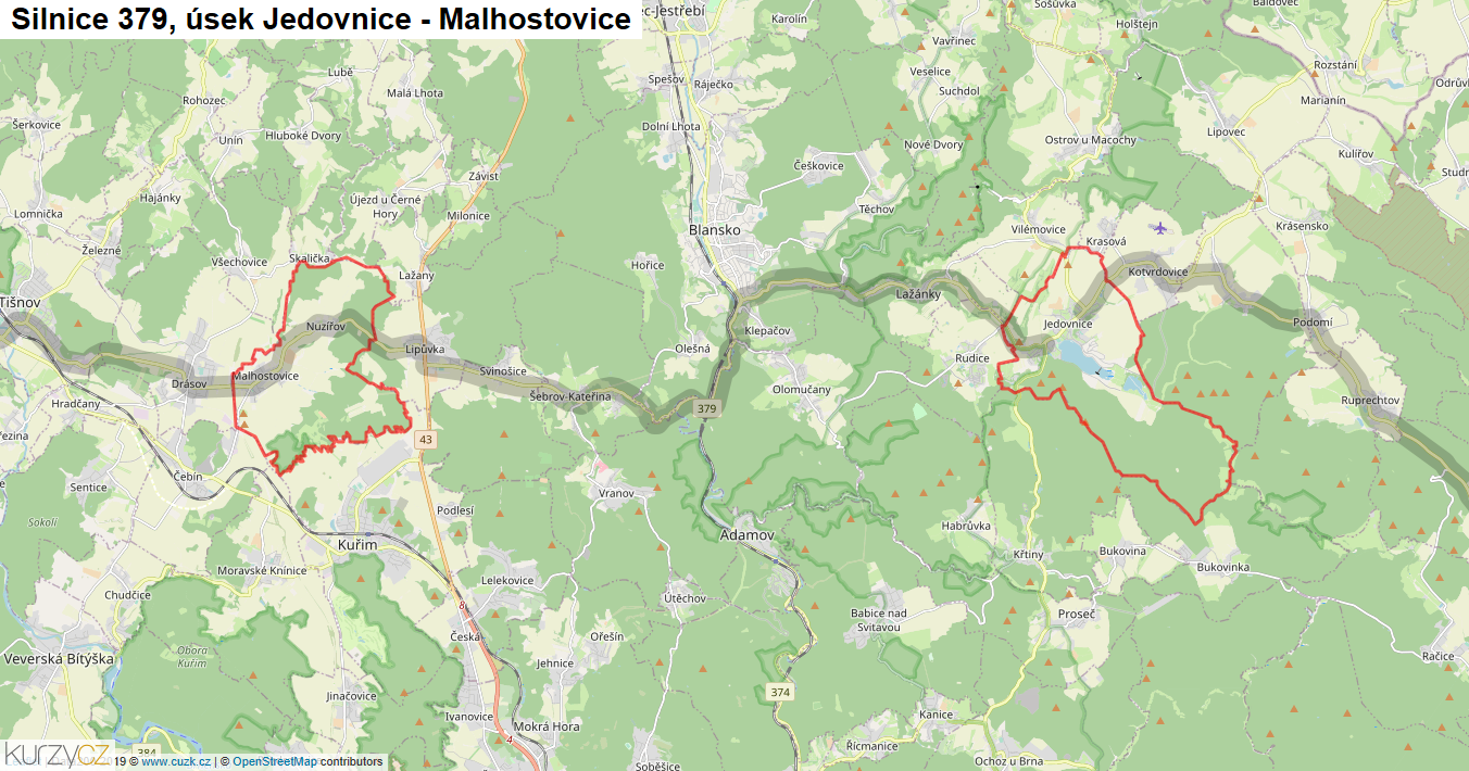 Úsek Jedovnice - Malhostovice, Silnice 379 - Mapa
