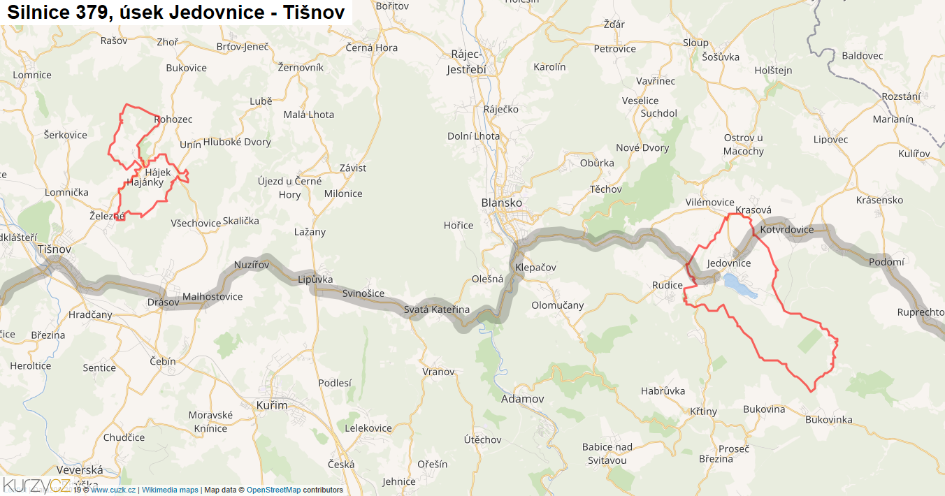 Úsek Jedovnice - Tišnov, Silnice 379 - Mapa