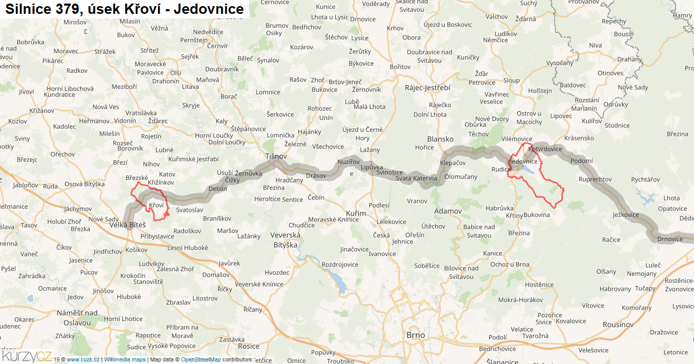 Úsek Křoví - Jedovnice, Silnice 379 - Mapa