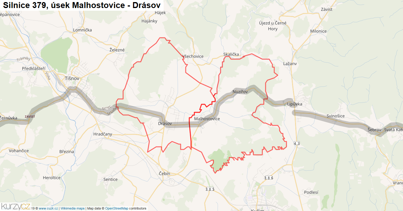 Úsek Malhostovice - Drásov, Silnice 379 - Mapa