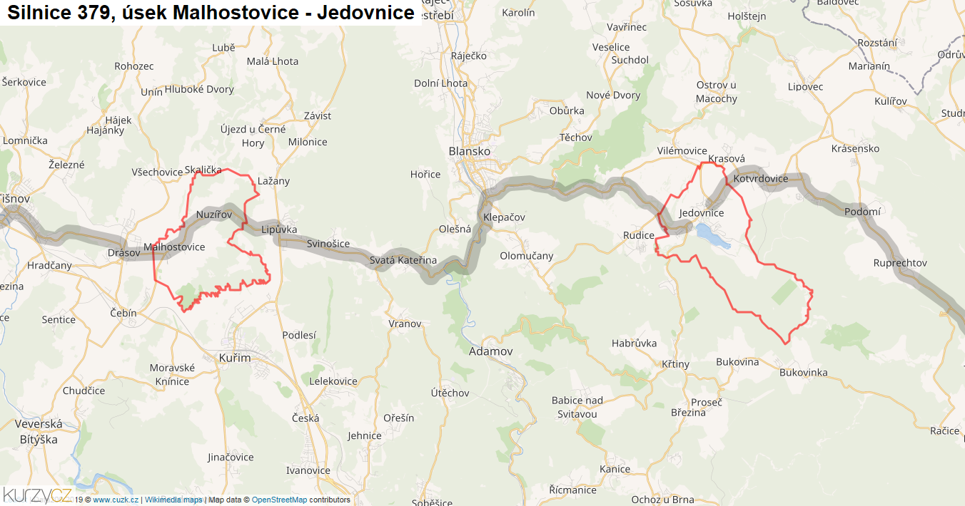 Úsek Malhostovice - Jedovnice, Silnice 379 - Mapa