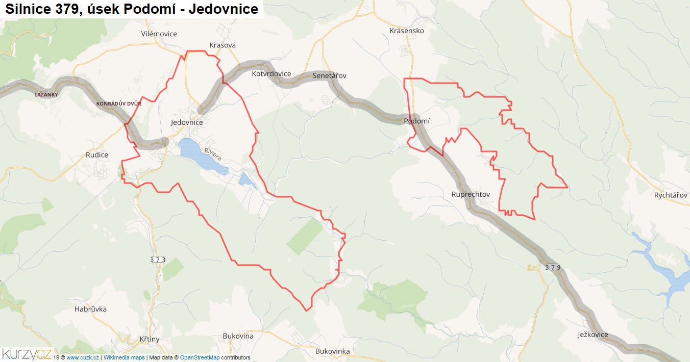 Úsek Podomí - Jedovnice, Silnice 379 - Mapa