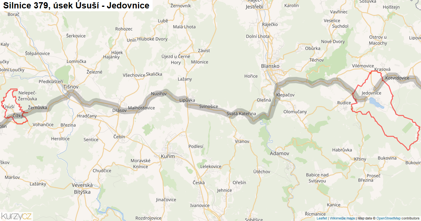 Úsek Úsuší - Jedovnice, Silnice 379 - Mapa