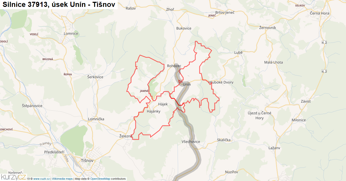 Úsek Unín - Tišnov, Silnice 37913 - Mapa