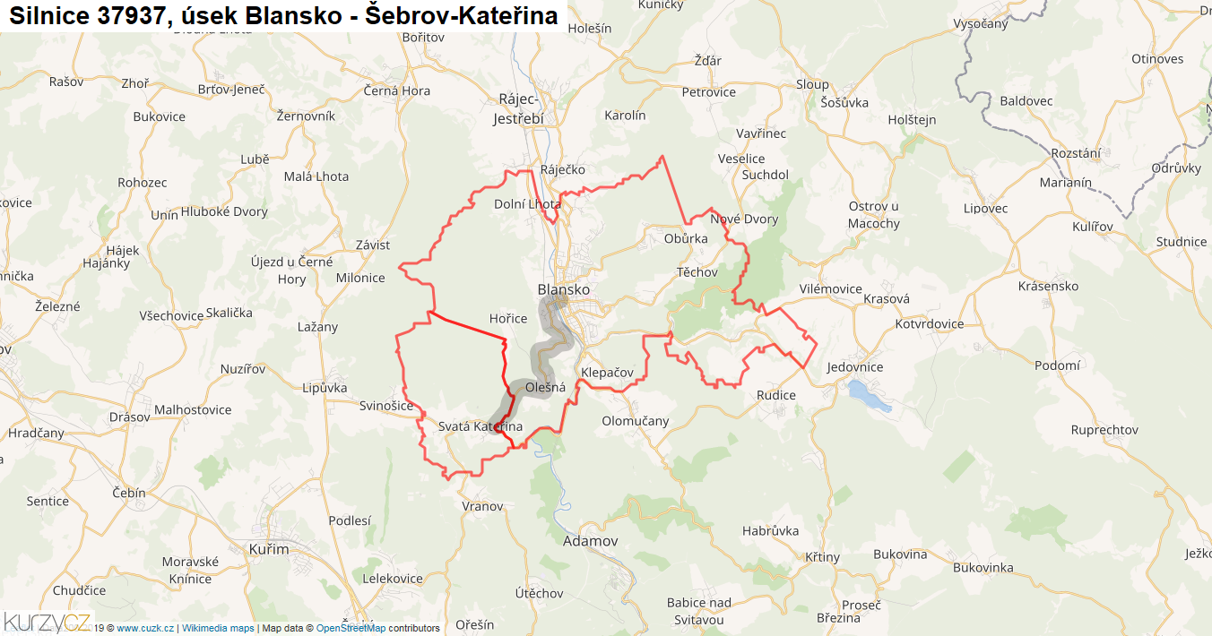 Úsek Blansko - Šebrov-Kateřina, Silnice 37937 - Mapa