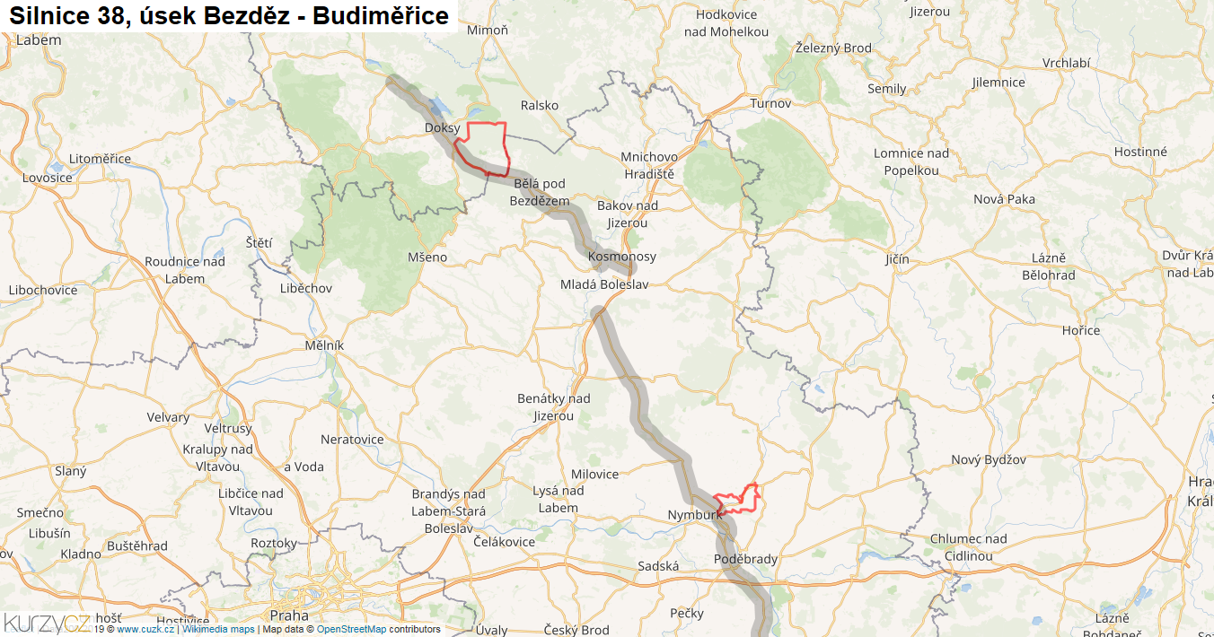 Úsek Bezděz - Budiměřice, Silnice 38 - Mapa