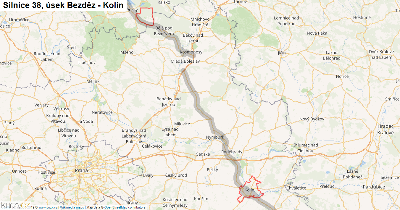 Úsek Bezděz - Kolín, Silnice 38 - Mapa